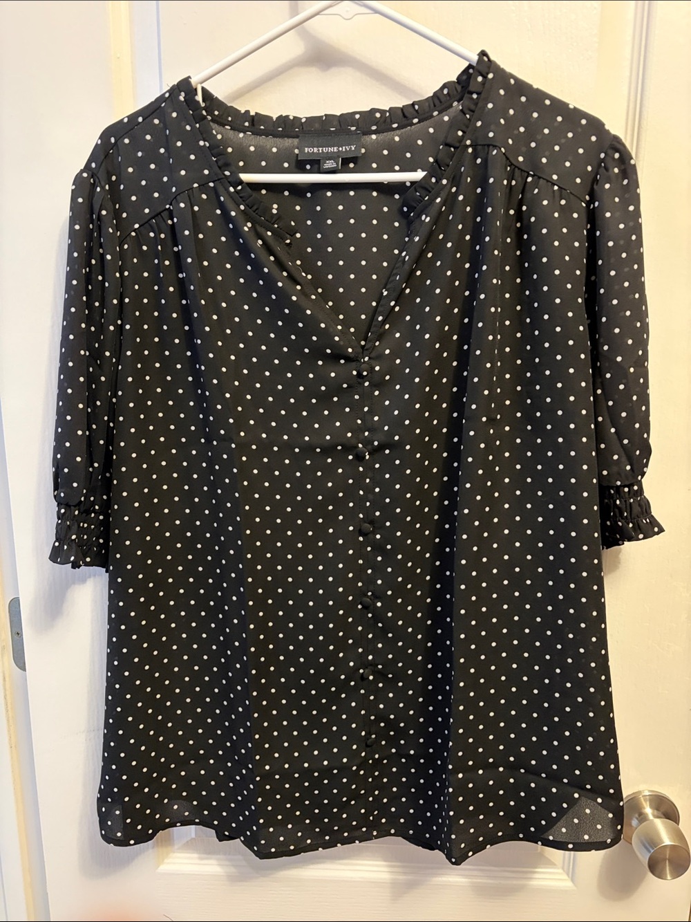Fortune + Ivy Black Polka Dot V-Neck Button-Front Blouse